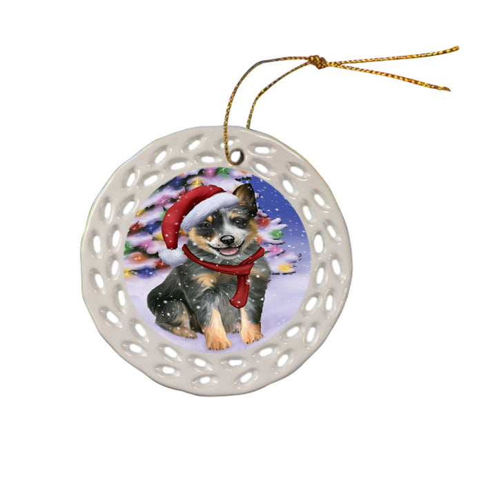 Winterland Wonderland Blue Heeler Dog In Christmas Holiday Scenic Background Ceramic Doily Ornament DPOR53743