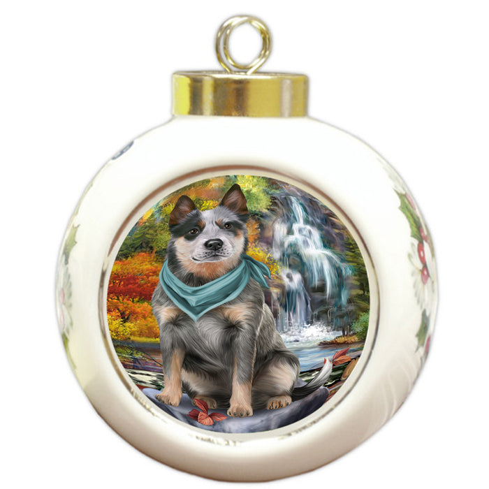 Scenic Waterfall Blue Heeler Dog Round Ball Christmas Ornament RBPOR51835