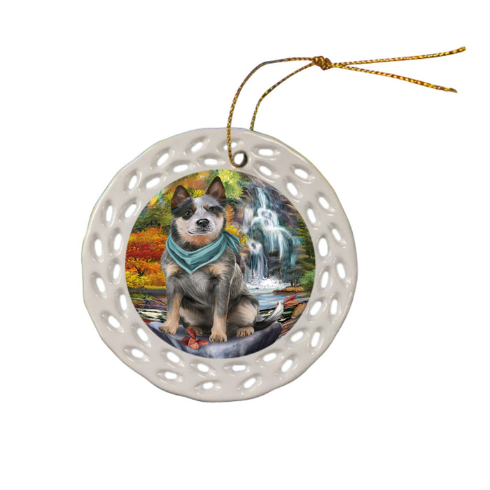 Scenic Waterfall Blue Heeler Dog Ceramic Doily Ornament DPOR51835