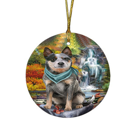 Scenic Waterfall Blue Heeler Dog Round Flat Christmas Ornament RFPOR51826
