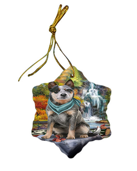 Scenic Waterfall Blue Heeler Dog Star Porcelain Ornament SPOR51826