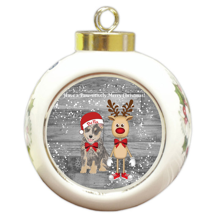 Custom Personalized Blue Heeler Dog Reindeer and Pooch Christmas Round Ball Ornament
