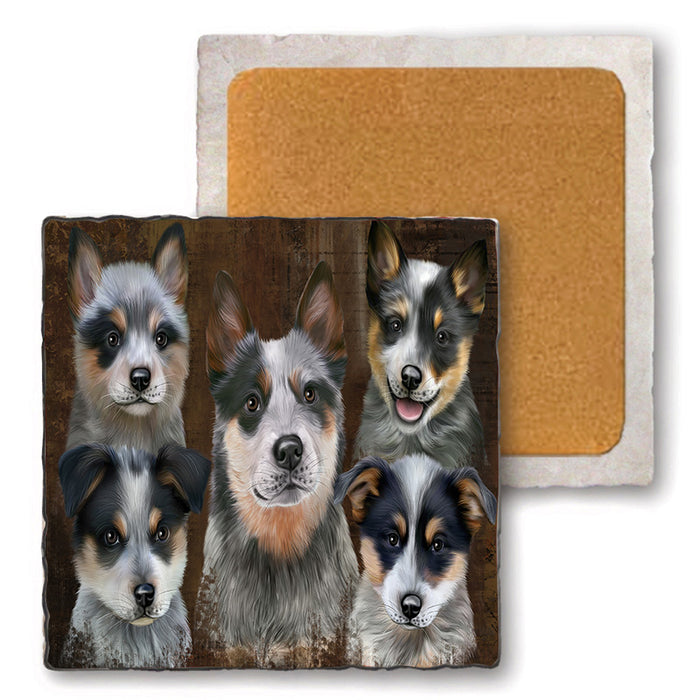 Rustic 5 Blue Heeler Dog Set of 4 Natural Stone Marble Tile Coasters MCST49129