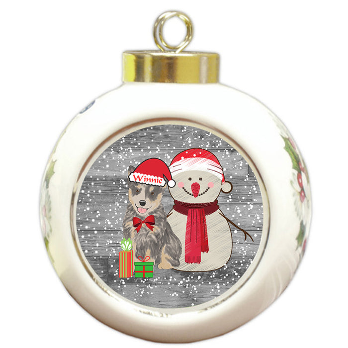 Custom Personalized Snowy Snowman and Blue Heeler Dog Christmas Round Ball Ornament