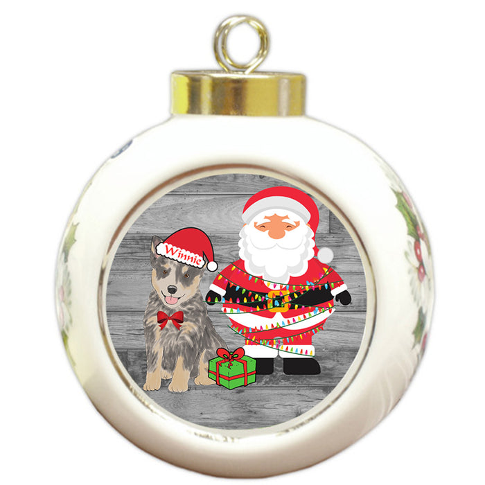 Custom Personalized Blue Heeler Dog With Santa Wrapped in Light Christmas Round Ball Ornament