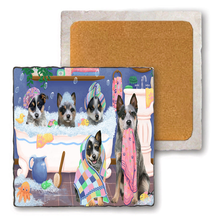 Rub A Dub Dogs In A Tub Blue Heelers Dog Set of 4 Natural Stone Marble Tile Coasters MCST51768