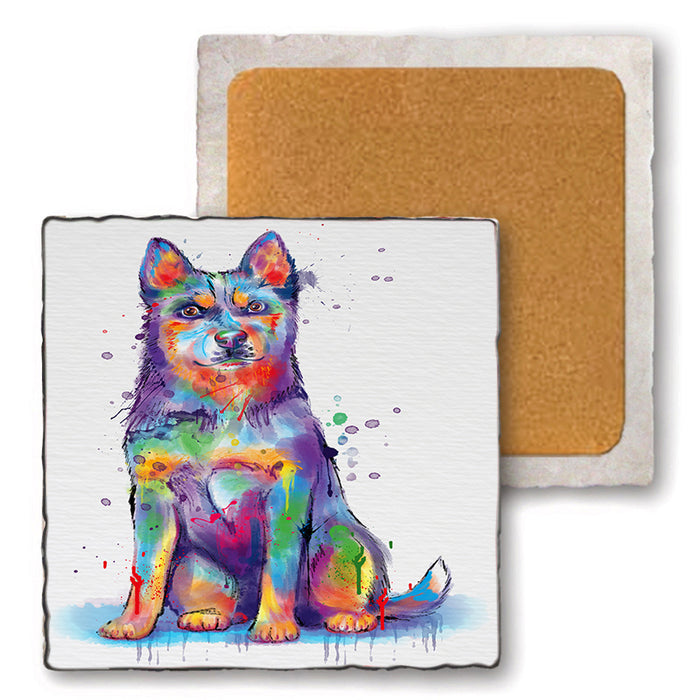 Watercolor Blue Heeler Dog Set of 4 Natural Stone Marble Tile Coasters MCST52075