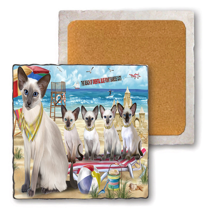 Pet Friendly Beach Blue Point Siamese Cats Set of 4 Natural Stone Marble Tile Coasters MCST49161