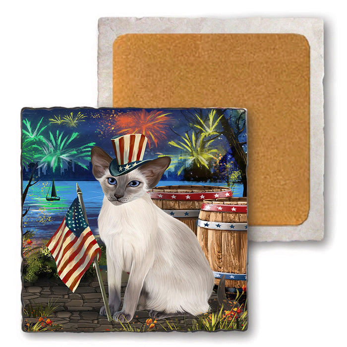 4th of July Independence Day Firework Blue Point Siamese Cat Set of 4 Natural Stone Marble Tile Coasters MCST49042