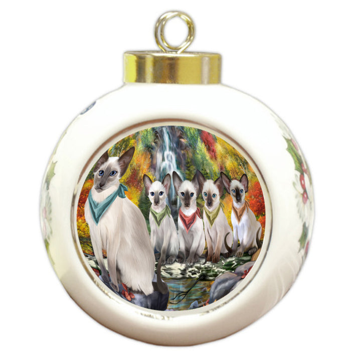 Scenic Waterfall Blue Point Siamese Cats Round Ball Christmas Ornament RBPOR54792
