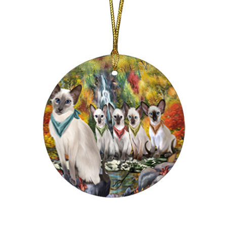 Scenic Waterfall Blue Point Siamese Cats Round Flat Christmas Ornament RFPOR54783