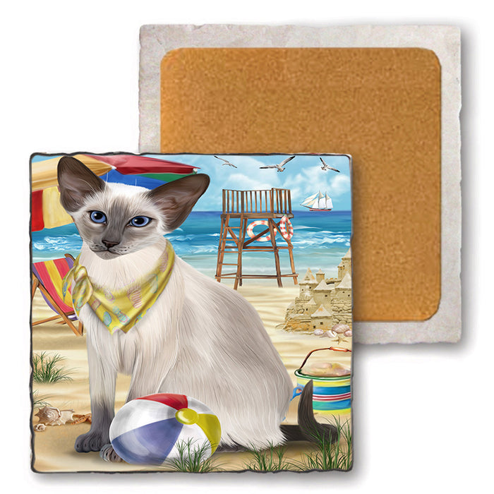 Pet Friendly Beach Blue Point Siamese Cat Set of 4 Natural Stone Marble Tile Coasters MCST49162