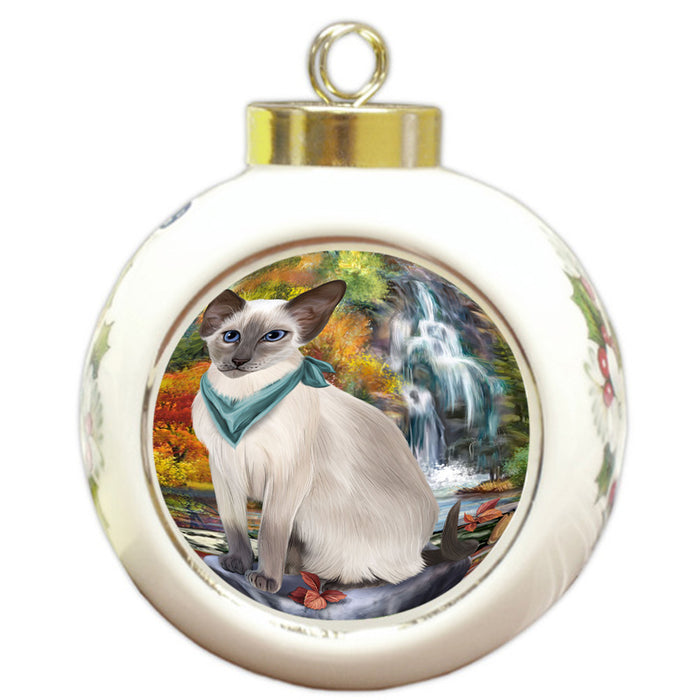 Scenic Waterfall Blue Point Siamese Cat Round Ball Christmas Ornament RBPOR54793