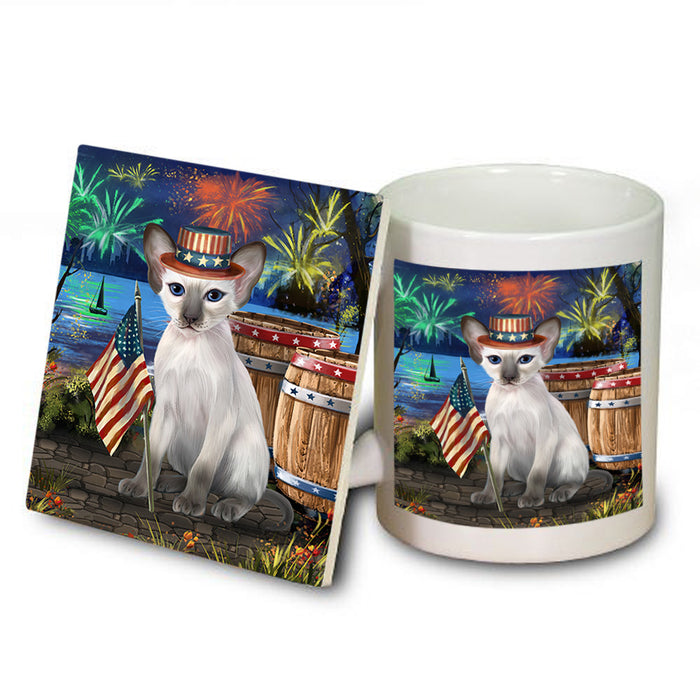 4th of July Independence Day Firework Blue Point Siamese Cat Mug and Coaster Set MUC54035