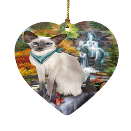 Scenic Waterfall Blue Point Siamese Cat Heart Christmas Ornament HPOR54793