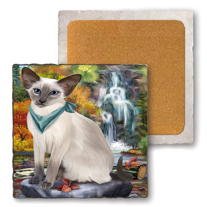 Scenic Waterfall Blue Point Siamese Cat Set of 4 Natural Stone Marble Tile Coasters MCST49665