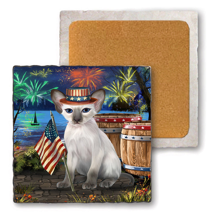 4th of July Independence Day Firework Blue Point Siamese Cat Set of 4 Natural Stone Marble Tile Coasters MCST49043