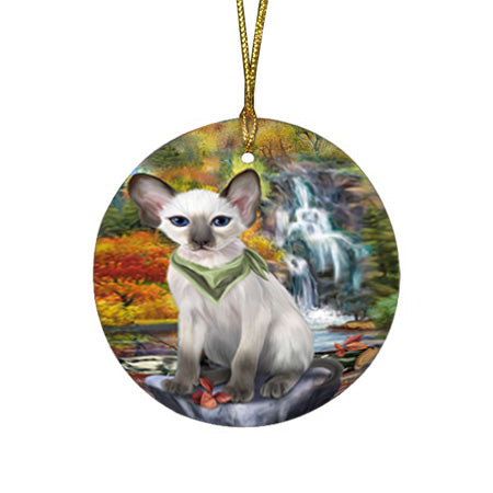 Scenic Waterfall Blue Point Siamese Cat Round Flat Christmas Ornament RFPOR54785