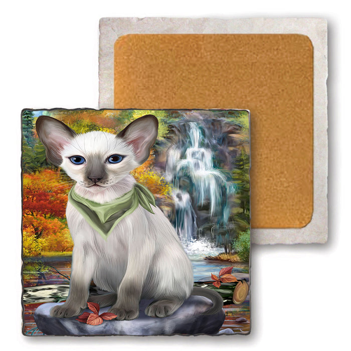 Scenic Waterfall Blue Point Siamese Cat Set of 4 Natural Stone Marble Tile Coasters MCST49666