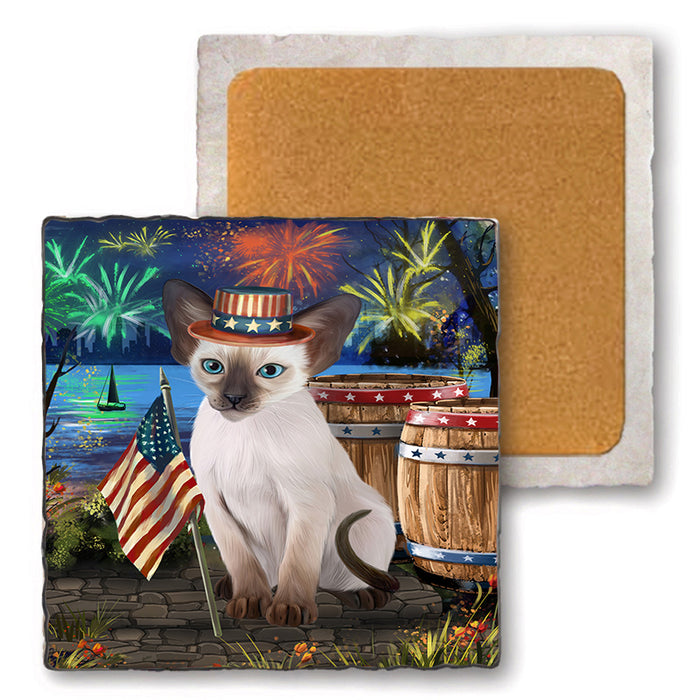 4th of July Independence Day Firework Blue Point Siamese Cat Set of 4 Natural Stone Marble Tile Coasters MCST49044