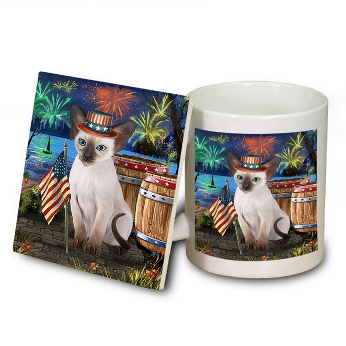 4th of July Independence Day Firework Blue Point Siamese Cat Mug and Coaster Set MUC54036