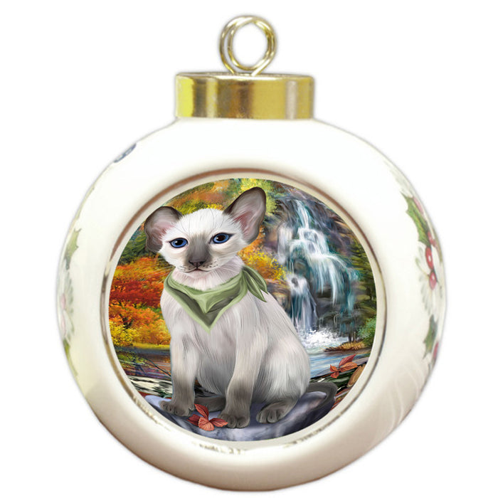 Scenic Waterfall Blue Point Siamese Cat Round Ball Christmas Ornament RBPOR54794