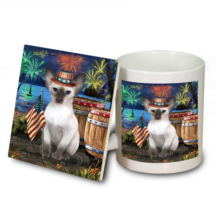 4th of July Independence Day Firework Blue Point Siamese Cat Mug and Coaster Set MUC54037