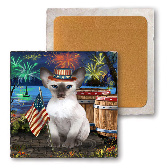 4th of July Independence Day Firework Blue Point Siamese Cat Set of 4 Natural Stone Marble Tile Coasters MCST49045