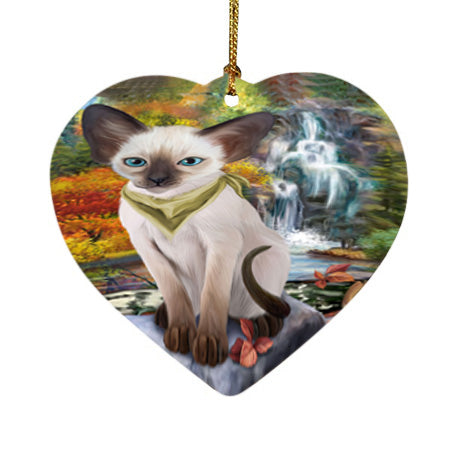Scenic Waterfall Blue Point Siamese Cat Heart Christmas Ornament HPOR54795