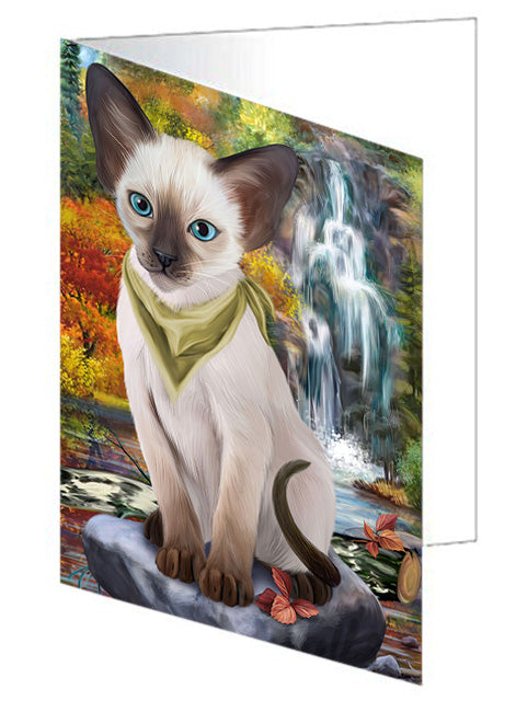 Scenic Waterfall Blue Point Siamese Cat Handmade Artwork Assorted Pets Greeting Cards and Note Cards with Envelopes for All Occasions and Holiday Seasons GCD68414