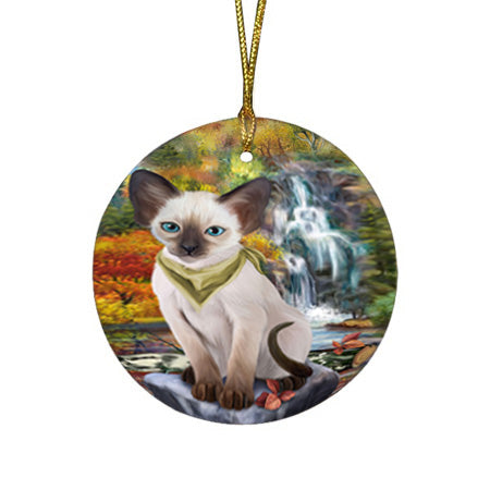 Scenic Waterfall Blue Point Siamese Cat Round Flat Christmas Ornament RFPOR54786