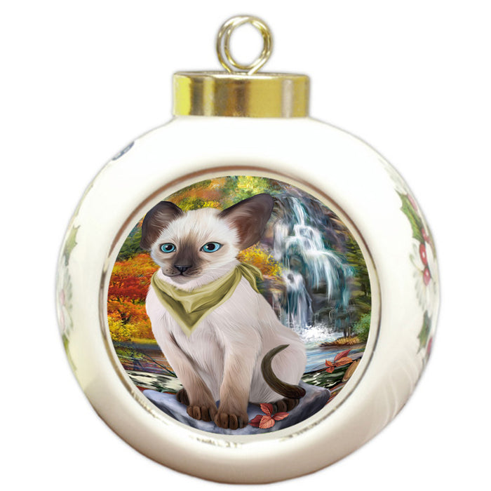Scenic Waterfall Blue Point Siamese Cat Round Ball Christmas Ornament RBPOR54795