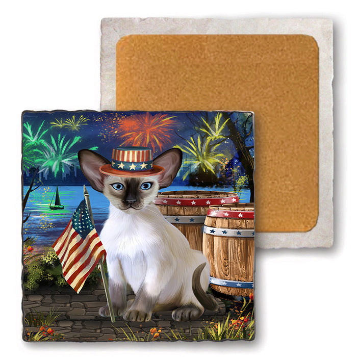 4th of July Independence Day Firework Blue Point Siamese Cat Set of 4 Natural Stone Marble Tile Coasters MCST49046