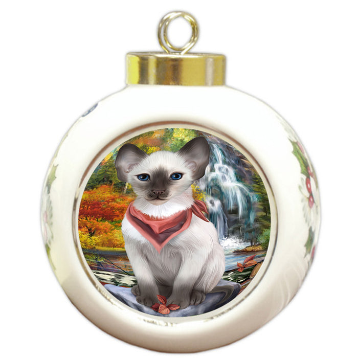Scenic Waterfall Blue Point Siamese Cat Round Ball Christmas Ornament RBPOR54796