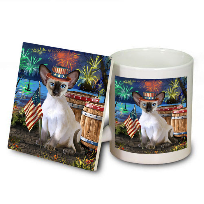 4th of July Independence Day Firework Blue Point Siamese Cat Mug and Coaster Set MUC54038