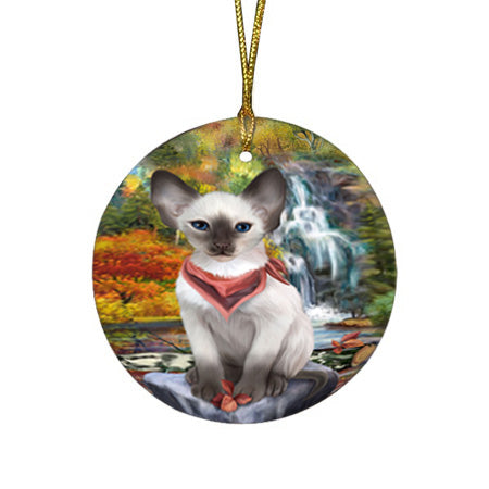Scenic Waterfall Blue Point Siamese Cat Round Flat Christmas Ornament RFPOR54787