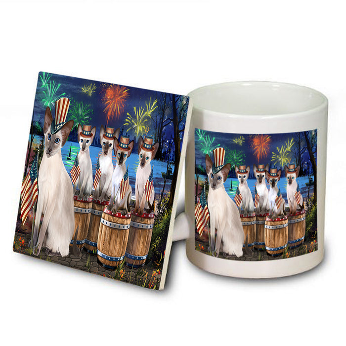 4th of July Independence Day Firework Blue Point Siamese Cats Mug and Coaster Set MUC54101