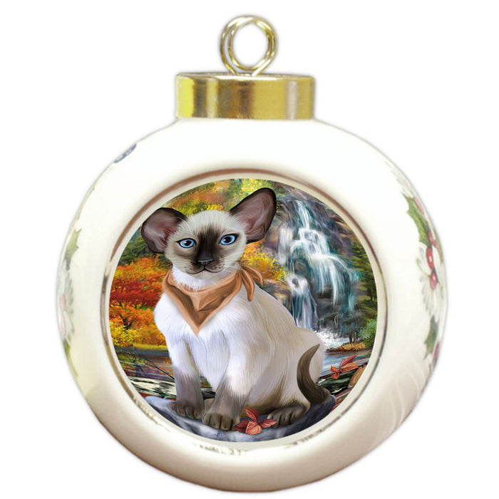 Scenic Waterfall Blue Point Siamese Cat Round Ball Christmas Ornament RBPOR54797