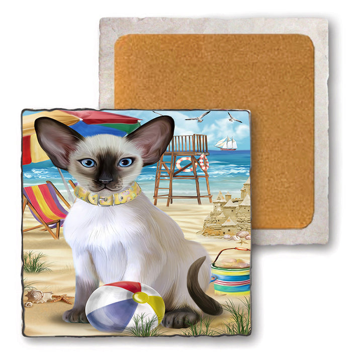 Pet Friendly Beach Blue Point Siamese Cat Set of 4 Natural Stone Marble Tile Coasters MCST49166