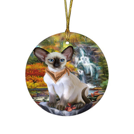 Scenic Waterfall Blue Point Siamese Cat Round Flat Christmas Ornament RFPOR54788