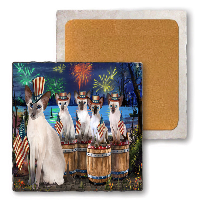 4th of July Independence Day Firework Blue Point Siamese Cats Set of 4 Natural Stone Marble Tile Coasters MCST49109