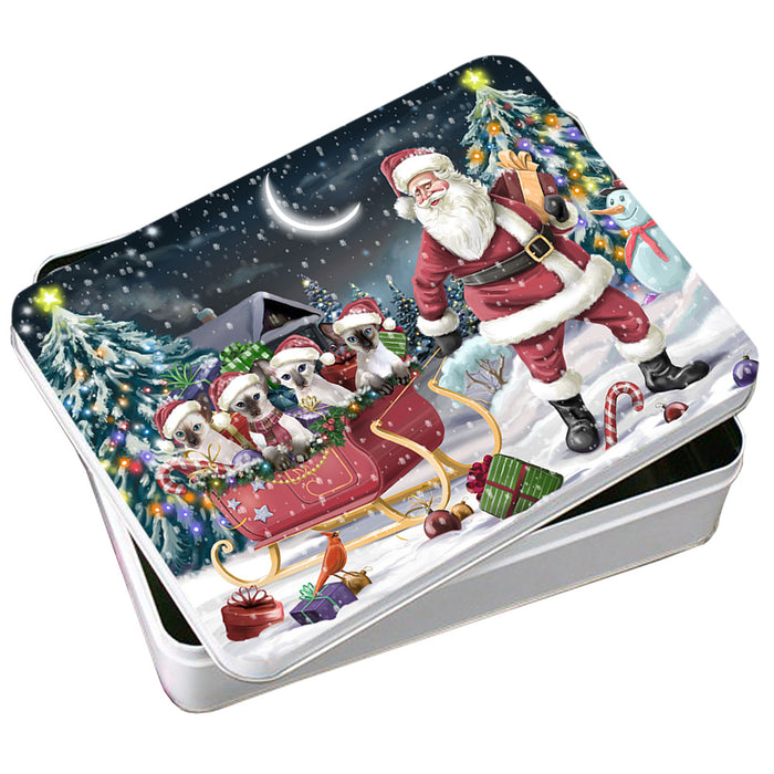 Santa Sled Christmas Happy Holidays Blue Point Siamese Cats Photo Storage Tin PITN54320