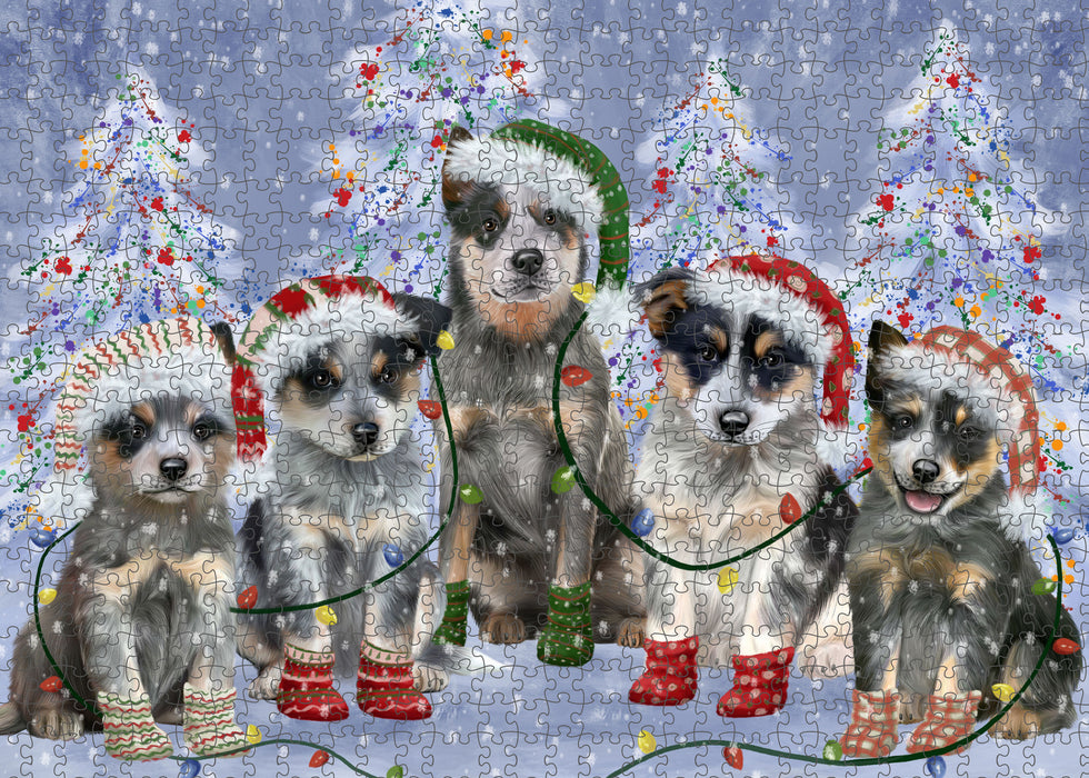 Christmas Lights and Blue Heeler Dogs Portrait Jigsaw Puzzle for Adults Animal Interlocking Puzzle Game Unique Gift for Dog Lover's with Metal Tin Box