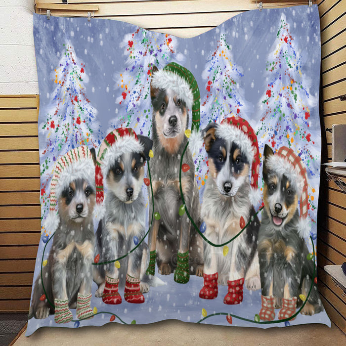 Christmas Lights and Blue Heeler Dogs  Quilt Bed Coverlet Bedspread - Pets Comforter Unique One-side Animal Printing - Soft Lightweight Durable Washable Polyester Quilt
