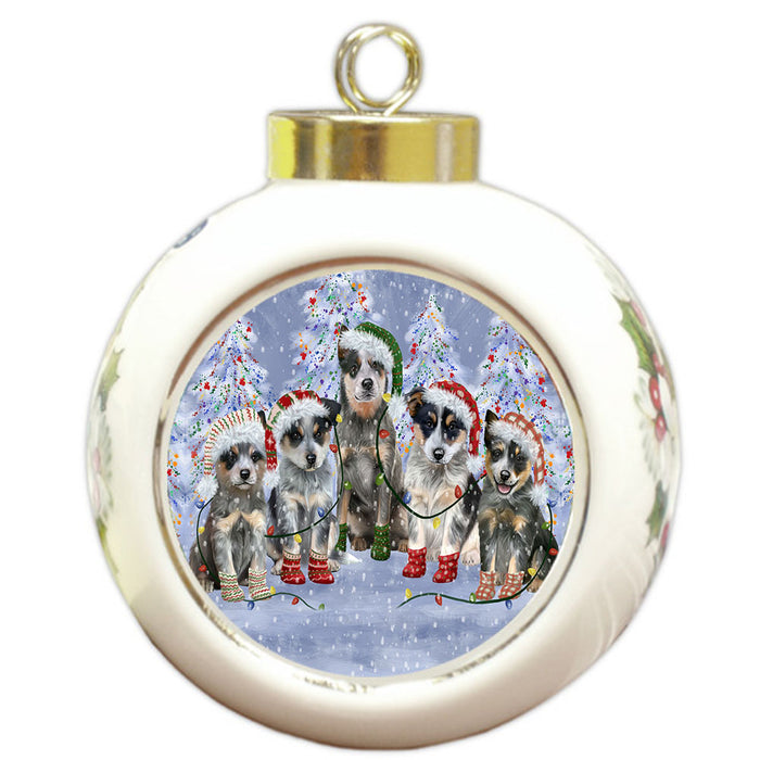 Christmas Lights and Blue Heeler Dogs Round Ball Christmas Ornament Pet Decorative Hanging Ornaments for Christmas X-mas Tree Decorations - 3" Round Ceramic Ornament