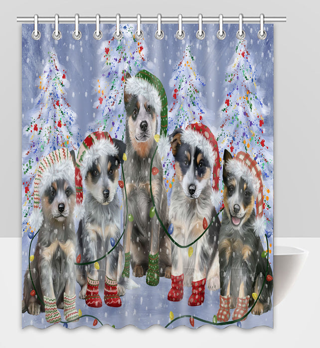 Christmas Lights and Blue Heeler Dogs Shower Curtain Pet Painting Bathtub Curtain Waterproof Polyester One-Side Printing Decor Bath Tub Curtain for Bathroom with Hooks