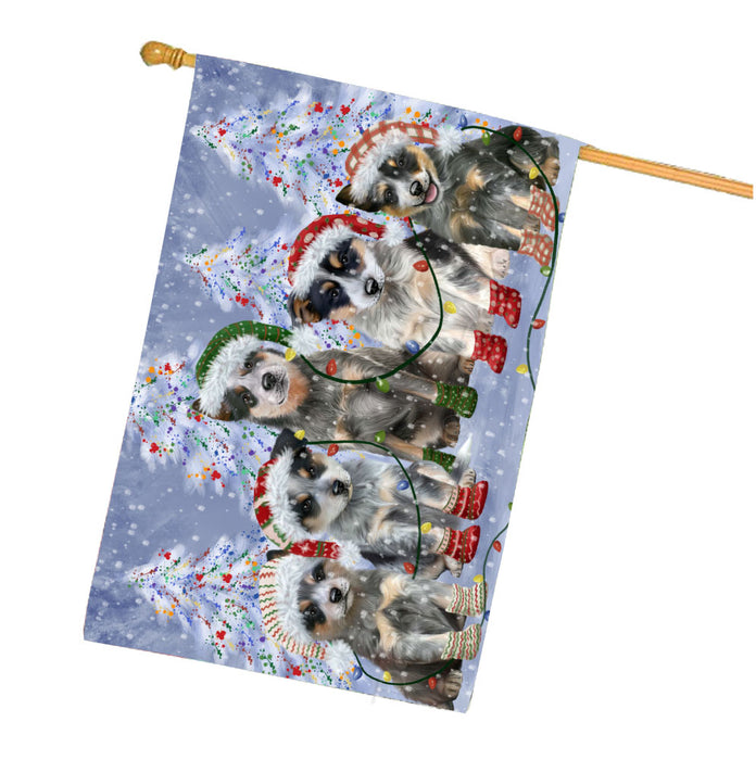 Christmas Lights and Blue Heeler Dogs House Flag Outdoor Decorative Double Sided Pet Portrait Weather Resistant Premium Quality Animal Printed Home Decorative Flags 100% Polyester