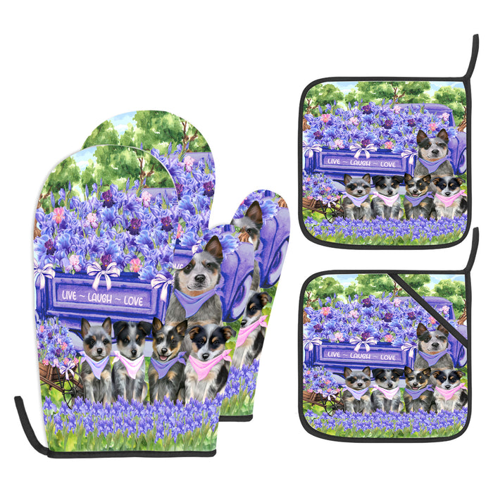 Blue Heeler Oven Mitts and Pot Holder Set: Explore a Variety of Designs, Personalized, Potholders with Kitchen Gloves for Cooking, Custom, Halloween Gifts for Dog Mom