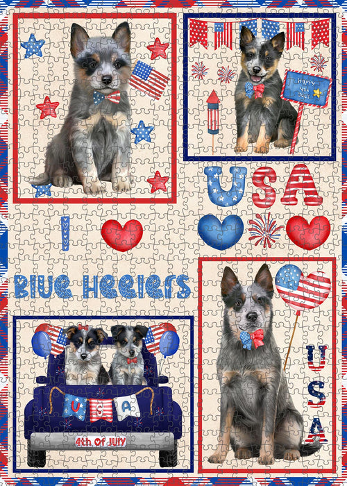 4th of July Independence Day I Love USA Blue Heeler Dogs Portrait Jigsaw Puzzle for Adults Animal Interlocking Puzzle Game Unique Gift for Dog Lover's with Metal Tin Box