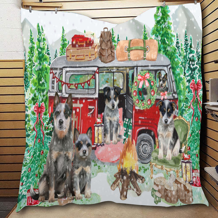 Christmas Time Camping with Blue Heeler Dogs  Quilt Bed Coverlet Bedspread - Pets Comforter Unique One-side Animal Printing - Soft Lightweight Durable Washable Polyester Quilt
